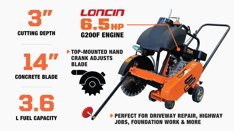 TMG Industrial Heavy Duty Walk Behind Concrete Floor Saw, w/6.5 HP Loncin Essence Engine, 3" Cutting Depth, TMG-Q300