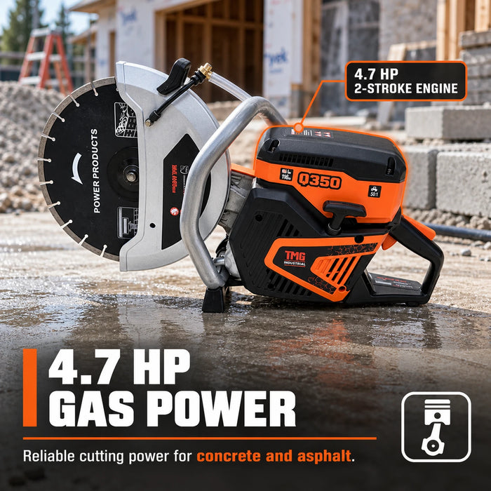 Scie à tronçonner thermique 14 po pour béton, profondeur de coupe max. 4,9 po, moteur 4,7 HP, TMG-Q350