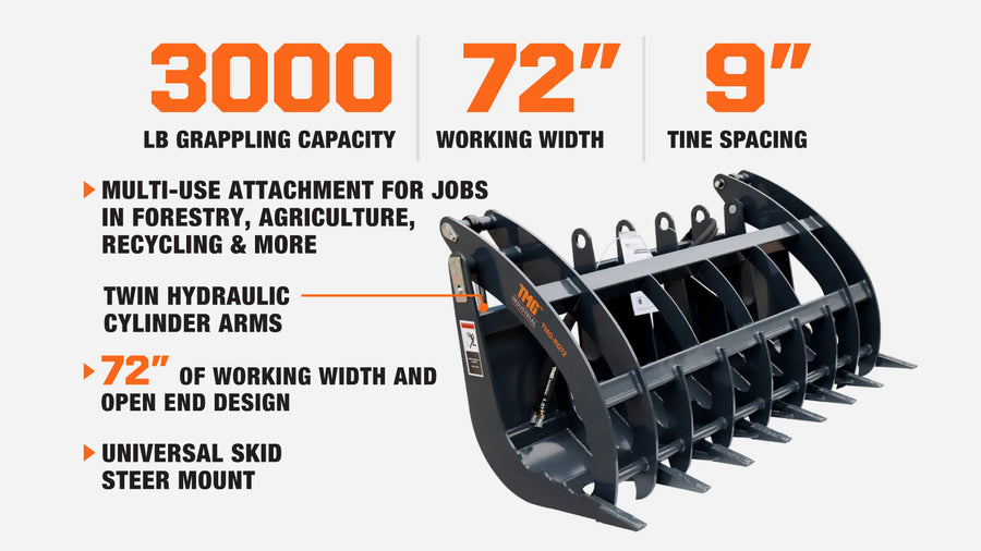 72" Skid Steer Root Rake Grapple Attachment, Universal Mount, 53" Jaw Opening, 9" Tine Spacing, 3000 lb Weight Capacity, TMG-RG72