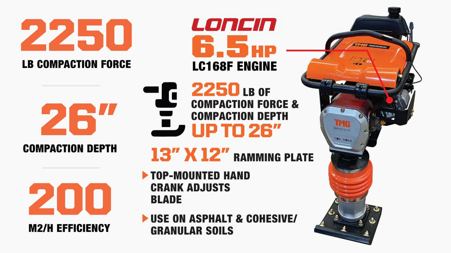 2250-lb Jumping Jack Tamping Rammer Compactor, 26" Compaction Depth, Asphalt, Cohesive & Granular Soils, TMG-RM80