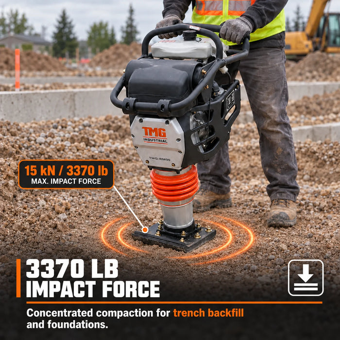 3370 lb Compaction Force Jumping Jack Tamping Rammer Compactor, 3.6 HP Engine, Cohesive & Granular Soils, TMG-RM90