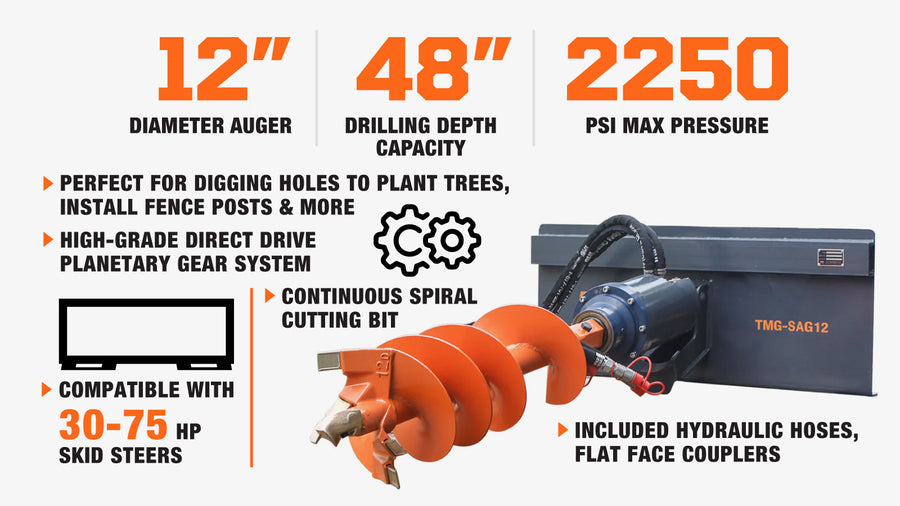 Skid Steer Post Hole Auger Drive Attachment, 12" Diameter Auger, 48" Drilling Depth, Standard Flow, TMG-SAG12 (Discontinued, No Longer Available)