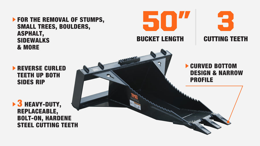 50" Skid Steer Stump Bucket Wrecker w/Universal Quick Attach Mount, Bolt-On Cutting Teeth, Curved Bottom, Reverse Curled Ripper Teeth, TMG-SB50