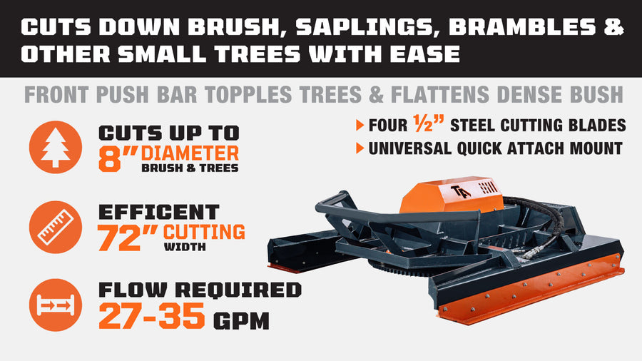 TMG Heavy Series™ 72" Extreme Duty Skid Steer Brush Cutter, Open Front Push Bar, 27-35 GPM, Drop Down Profile Blades, TMG-SBC76