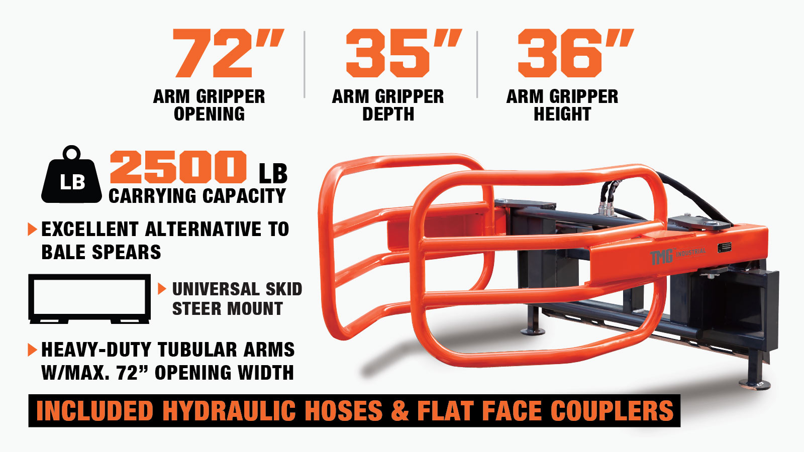 TMG Industrial 72” Skid Steer Hydraulic Round Bale Gripper/Squeeze, 2500 lb Capacity, 35” Depth, Dual Kickstands, Tubular Arms, Universal Quick-Mount, TMG-SBG72-description-image