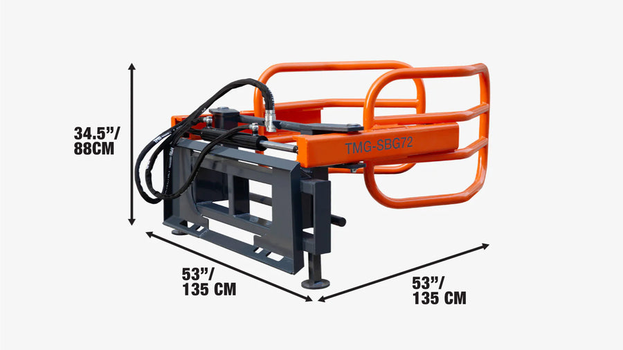 72" Skid Steer Hydraulic Round Bale Gripper/Squeeze Grapple, 2500 lb Capacity, 35" Depth, Dual Kickstands, Tubular Arms, Universal Quick-Mount, TMG-SBG72