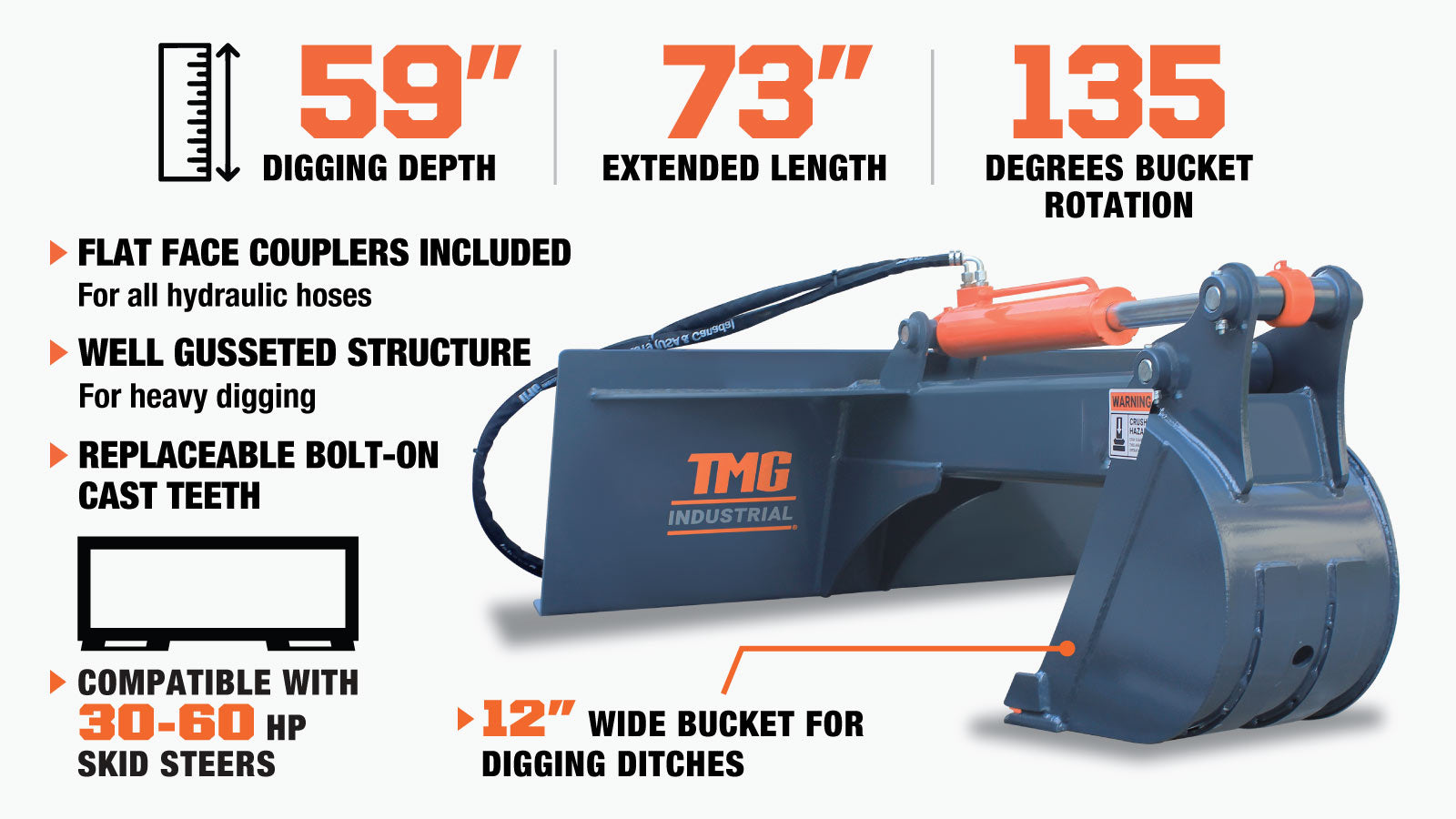 TMG Industrial Skid Steer Backhoe Attachment, 12” Bucket Included, 30-60 HP Carriers, 59” Digging Depth, TMG-SBH45-description-image