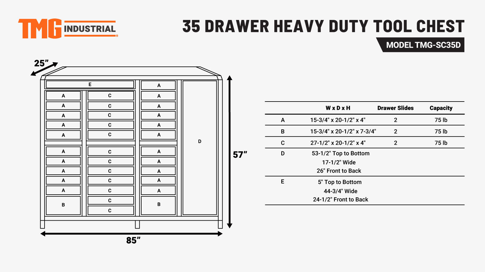TMG-SC35D 35 Drawer 85'' Tool Storage Chest for Workshops and Garages-specifications-image