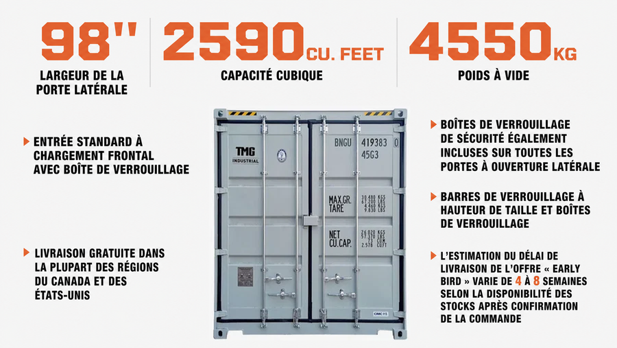 Conteneur d'expédition à ouverture latérale TMG Industrial 40' High Cube, utilisation à sens unique, boîtes de verrouillage de sécurité, normes Ocean Sea Can, TMG-SC40S