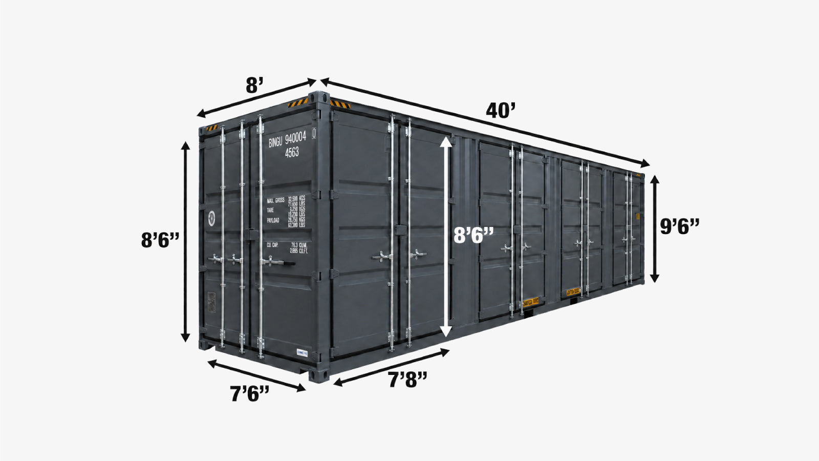 40-Foot High Cube Shipping Container with 4 Side Doors – One-Way Use Sea Can TMG-SC40SD-specifications-image