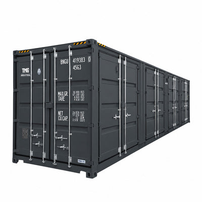Dark gray 40-foot high cube shipping container showing front and side doors.