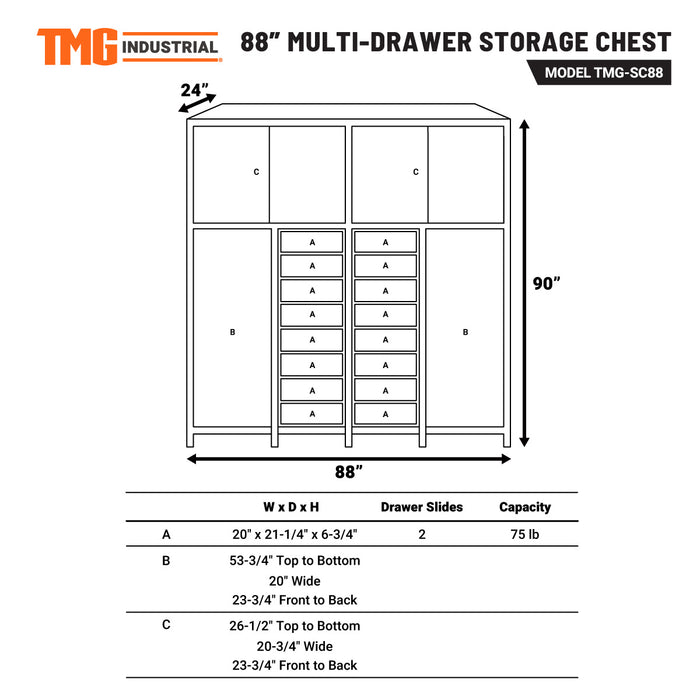 TMG-SC88 Coffre de rangement à outils multi-tiroirs 88" pour ateliers et garages