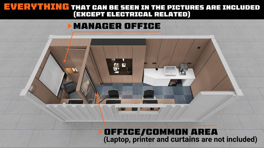 20' Custom Built Steel Container Office, Working Area & Manager's Office, 1 Leather Office Chair, 3 Ergonomic Office Chairs, TMG-SCO20