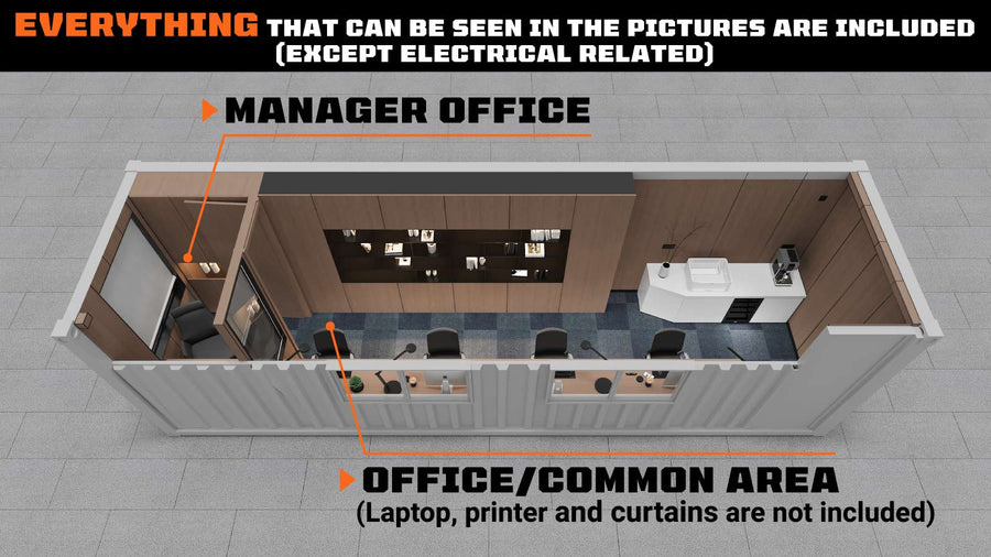 30' Custom Built Steel Container Office, Working Area & Manager's Office, 1 Leather Office Chair, 4 Ergonomic Office Chairs, TMG-SCO30