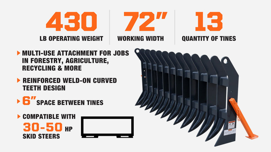 72" Skid Steer Root Debris Rake Attachment, Universal Mount, 6" Tine Spacing, 30-50 HP Skid Steers, TMG-SDR72