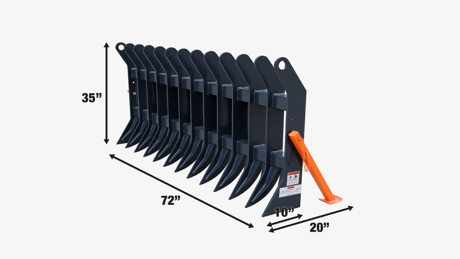 72" Skid Steer Root Debris Rake Attachment, Universal Mount, 6" Tine Spacing, 30-50 HP Skid Steers, TMG-SDR72