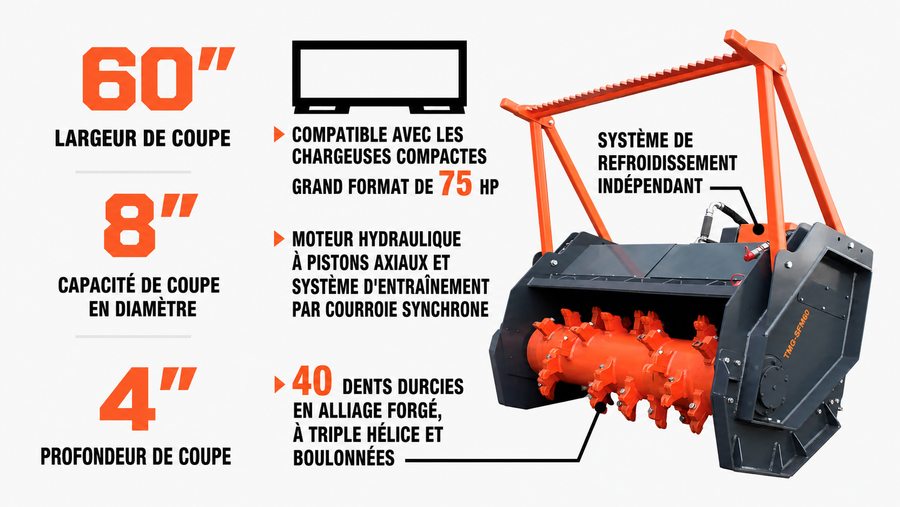TMG Industrial 60" Skid Steer Forestry Drum Mulcher, dents en alliage forgé, système de refroidissement avec radiateur, 75 HP Skid Steers, TMG-SFM60