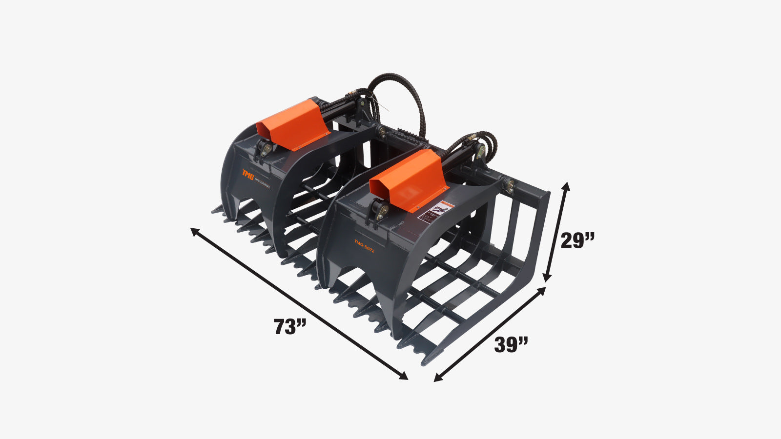 TMG Industrial 72” Skid Steer Rock Skeleton Grapple Attachment, Universal Mount, 36” Arm Opening, 6” Tine Spacing, 2500 lb Weight Capacity, TMG-SG72-specifications-image