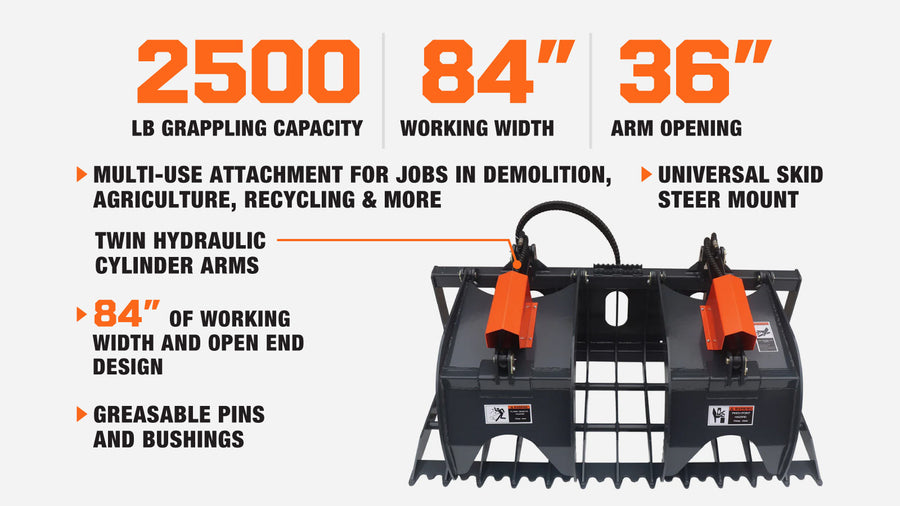 84" Skid Steer Rock Skeleton Grapple Attachment, Universal Mount, 36" Arm Opening, 6" Tine Spacing, 2500 lb Weight Capacity TMG-SG84