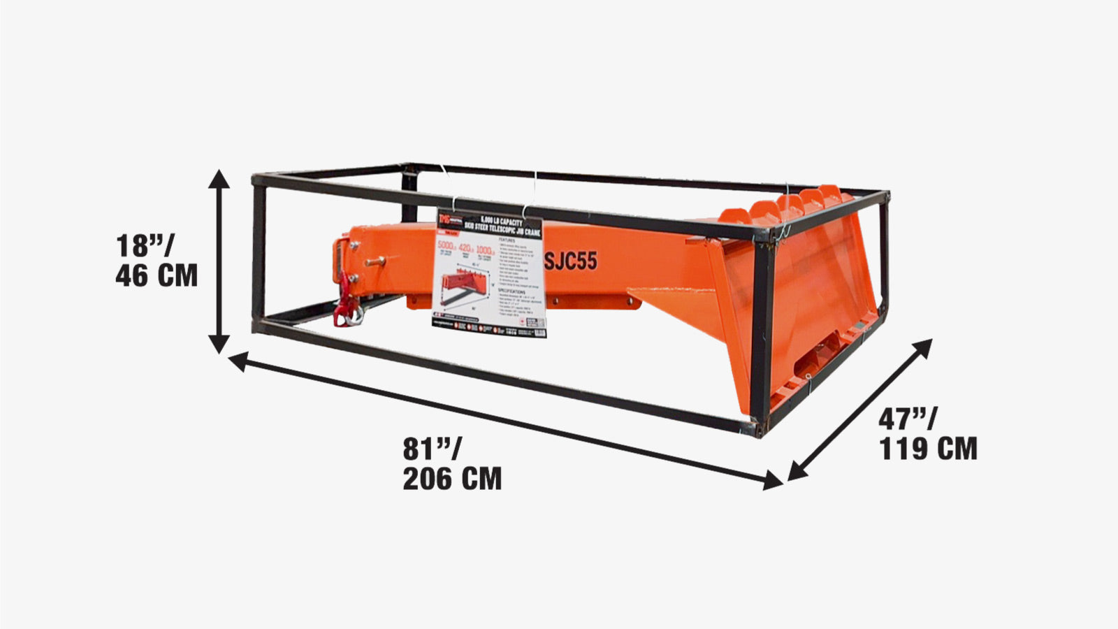 Skid Steer Telescopic Jib Crane, 5000 lb Capacity, Adjustable 72”-120” Boom with 3-Ton Hook, TMG-SJC55-specifications-image