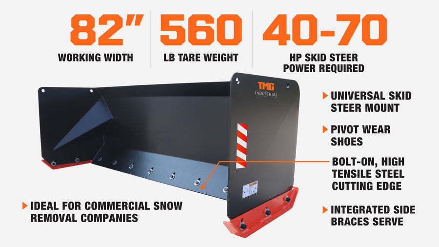 7' Skid Steer Snow Pusher w/Steel Cutting Edge, Pivoting Wear Shoes, Side Braces, 40-70 HP, TMG-SP07
