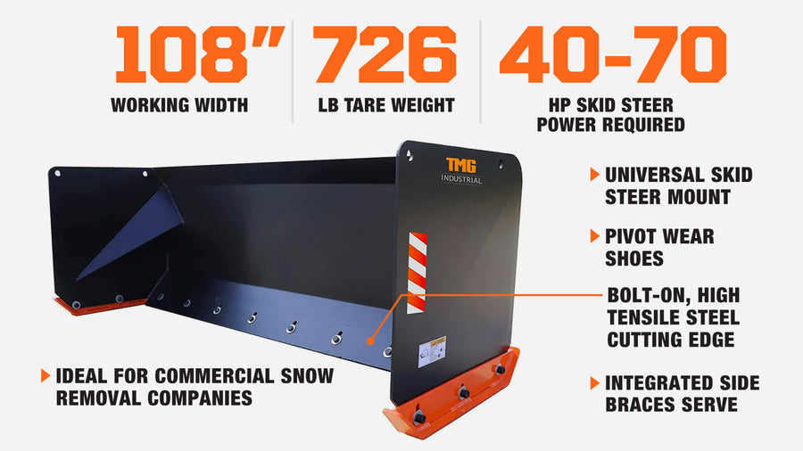 9' Skid Steer Snow Pusher w/Steel Cutting Edge, Pivoting Wear Shoes, Side Braces, 40-70 HP, TMG-SP09