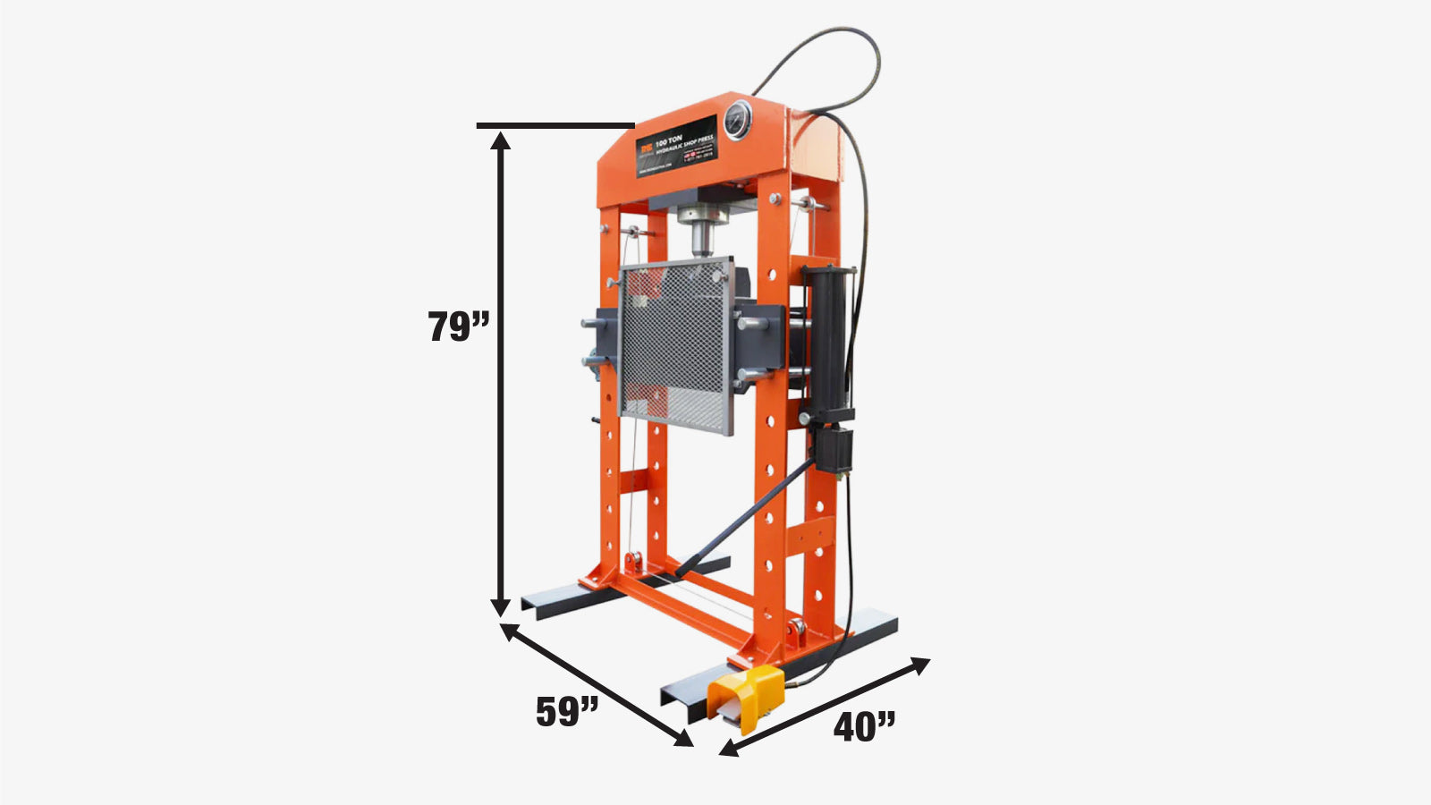 TMG Industrial 100 Ton Capacity Hydraulic Shop Press, Heavy Duty Pressing, Protective Grid Guard, Fully Welded H-Frame, Air & Manual Dual Operation, TMG-SP100-specifications-image