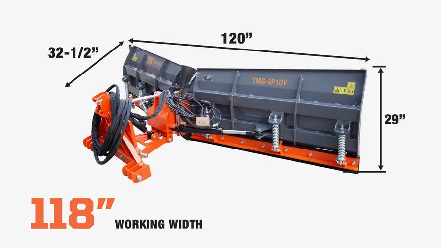 10' U/V Angle Blade Snowplow, Reversible Rubber Edges, 6 Positions, Category 1 & 2 Hookups, 3-Point Hitch, 40-90 HP Tractors, TMG-SP10V