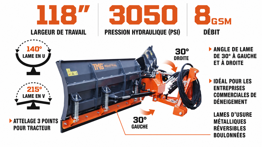 Chasse-neige à lame angulaire U/V TMG Industrial 10', bords en caoutchouc réversibles, 6 positions, branchements de catégorie 1 et 2, attelage 3 points, tracteurs 40-90 HP, TMG-SP10V