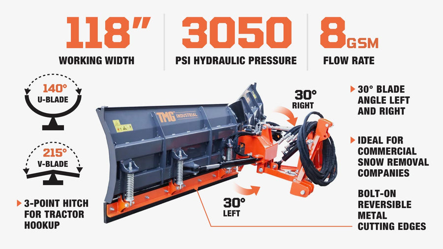 10' U/V Angle Blade Snowplow, Reversible Rubber Edges, 6 Positions, Category 1 & 2 Hookups, 3-Point Hitch, 40-90 HP Tractors, TMG-SP10V