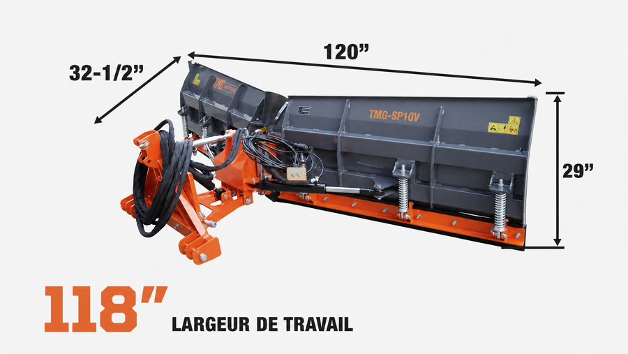 Chasse-neige à lame angulaire U/V TMG Industrial 10', bords en caoutchouc réversibles, 6 positions, branchements de catégorie 1 et 2, attelage 3 points, tracteurs 40-90 HP, TMG-SP10V