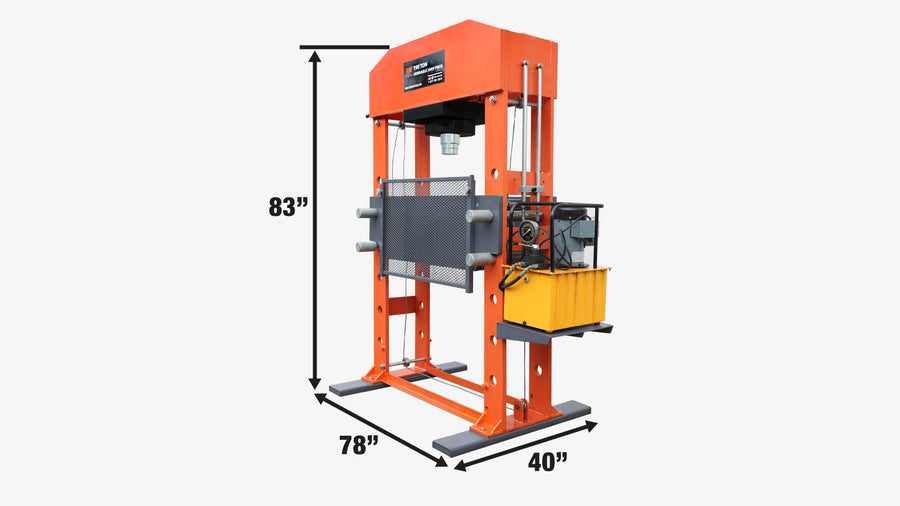 150 Ton Capacity Electric Hydraulic Shop Press, Heavy Duty Pressing, Protective Grid Guard, Fully Welded H-Frame, TMG-SP150