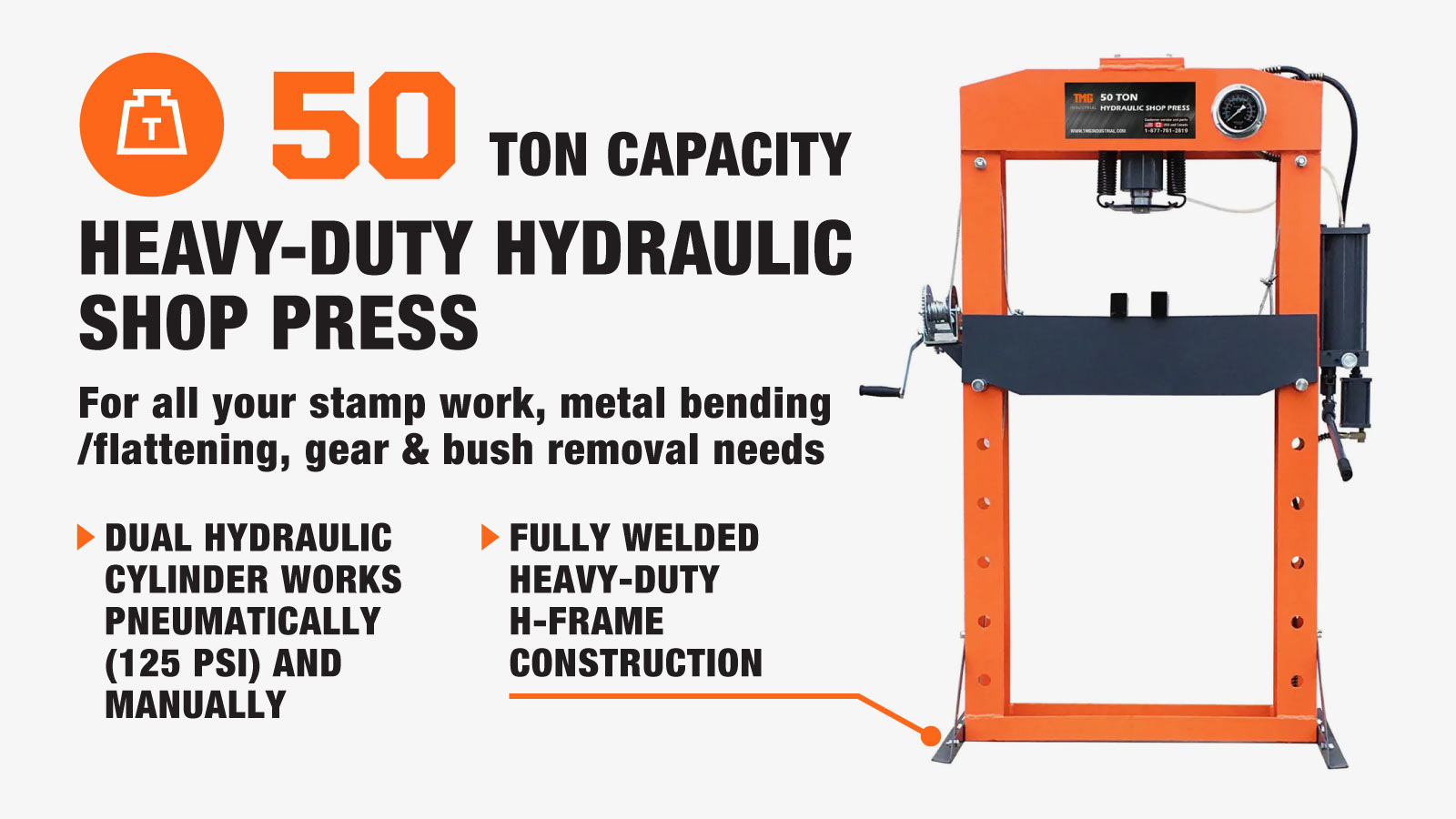 TMG Industrial 50 Ton Capacity Hydraulic Shop Press, Heavy Duty Pressing, Fully Welded H-Frame, Air & Manual Dual Operation, TMG-SP50-description-image