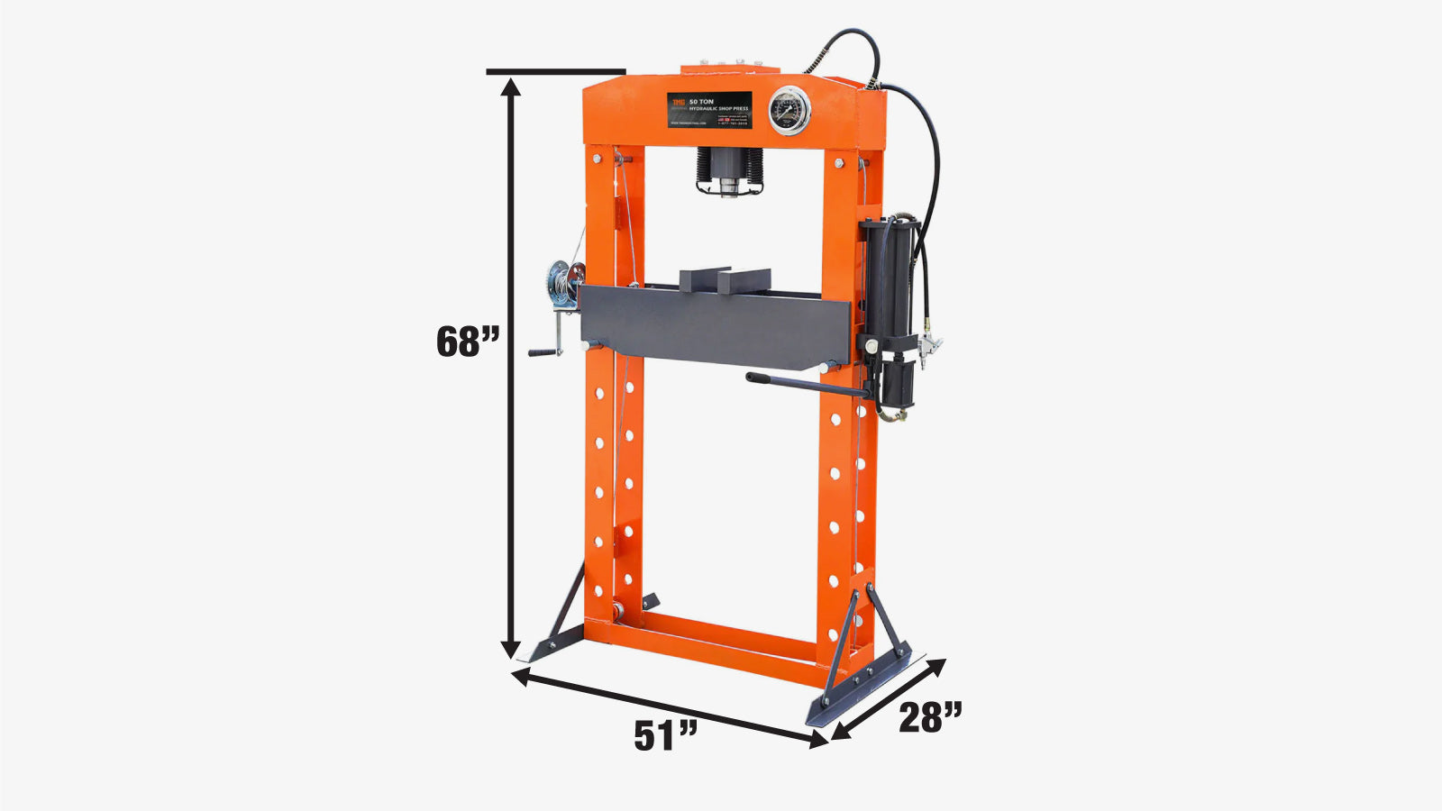 TMG Industrial 50 Ton Capacity Hydraulic Shop Press, Heavy Duty Pressing, Fully Welded H-Frame, Air & Manual Dual Operation, TMG-SP50-specifications-image