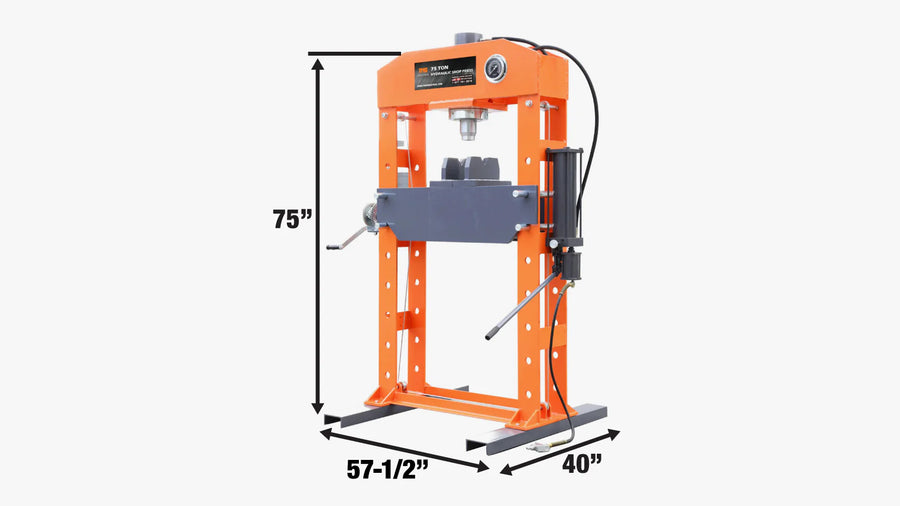 75 Ton Capacity Hydraulic Shop Press, Heavy Duty Pressing, Fully Welded H-Frame, Air & Manual Dual Operation, TMG-SP75