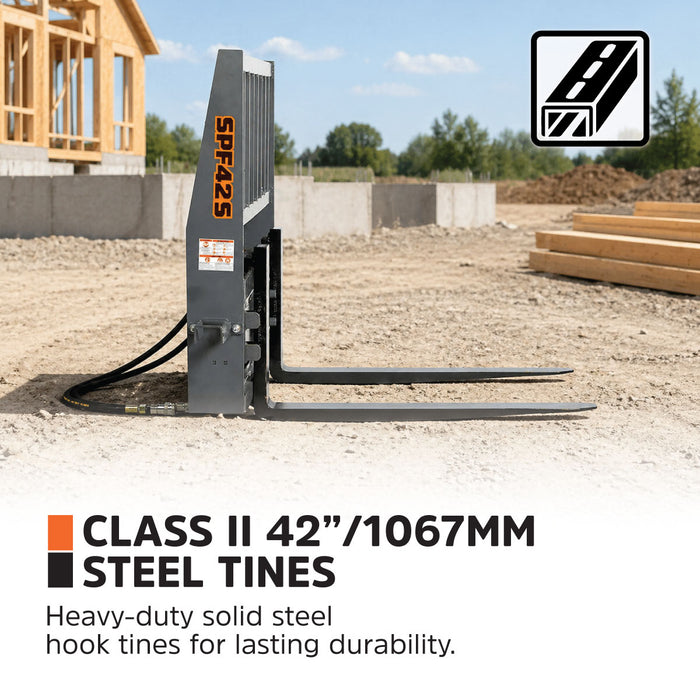 42" Pallet Fork for Skid Steer, Heavy Duty Class II Forks, Hydraulic Side Shift, 4,200 lbs Capacity and Wide Guard, TMG-SPF42S