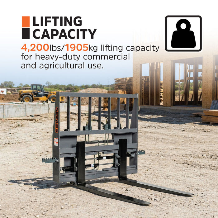 48" Pallet Fork for Skid Steer, Heavy Duty Class II Forks, Hydraulic Side Shift, 4,200 lbs Capacity and Wide Guard, TMG-SPF48S