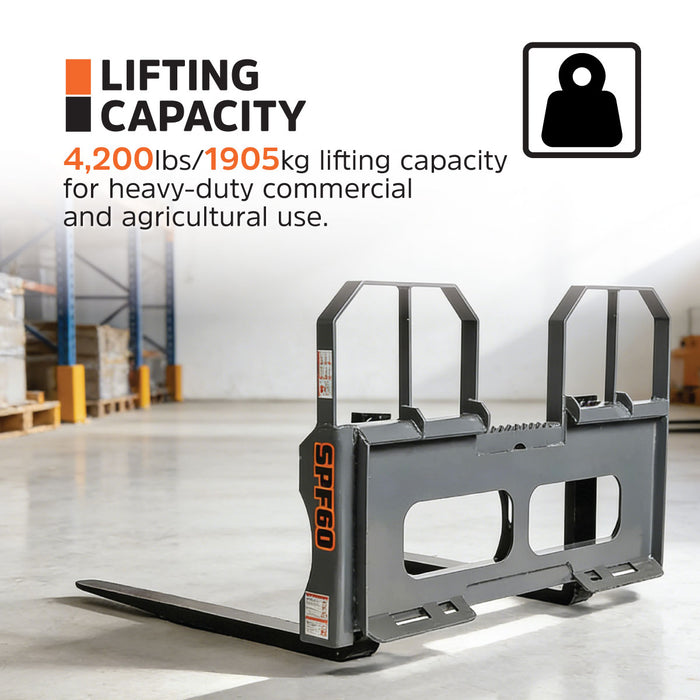 60" Pallet Fork for Skid Steer, Heavy Duty Class II Forks, 4,200 lbs Capacity and Wide Guard, TMG-SPF60
