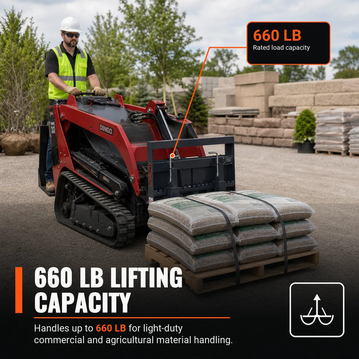 Operator using 36" pallet fork on compact loader lifting pallet outdoors.