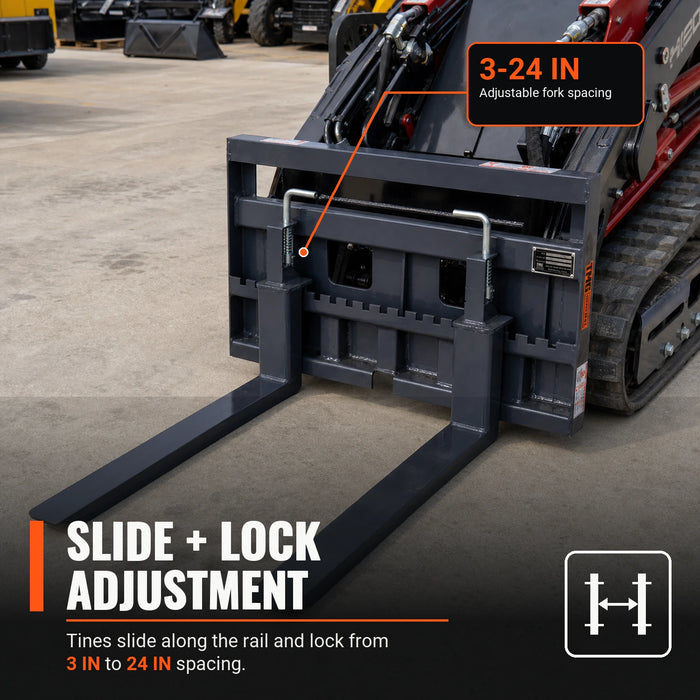 Close-up of slide-and-lock rail showing 36" pallet fork adjustable tines.