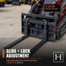 Close-up of slide-and-lock rail showing 36" pallet fork adjustable tines.