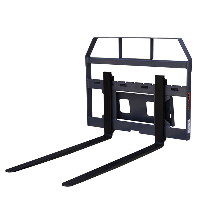 Front three-quarter view of TMG-SPFM42-TO pallet fork with adjustable 42-inch tines and see-through load guard