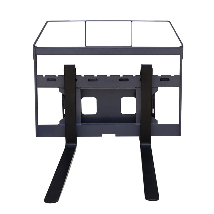Front view of TMG-SPFM42-TO 42-inch pallet fork with adjustable tines and high-visibility load guard