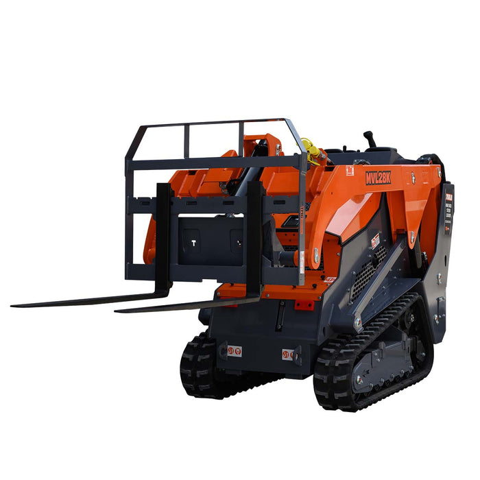 TMG-SPFM42-TO 42-inch pallet fork mounted on an orange mini skid steer, front three-quarter view