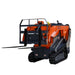 TMG-SPFM42-TO 42-inch pallet fork mounted on an orange mini skid steer, front three-quarter view