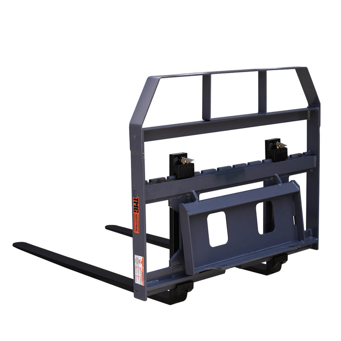 Rear angled view of TMG-SPFM42-TO pallet fork highlighting the Toro mounting plate, tine rail and safety load guard