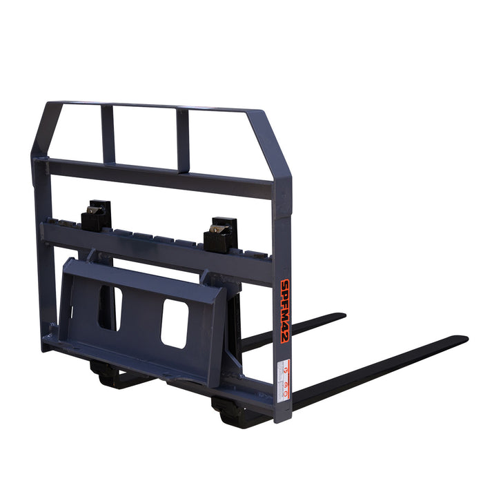 Rear three-quarter view of TMG-SPFM42-TO pallet fork showing Toro mount plate, adjustable tines and load guard