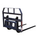 Rear three-quarter view of TMG-SPFM42-TO pallet fork showing Toro mount plate, adjustable tines and load guard