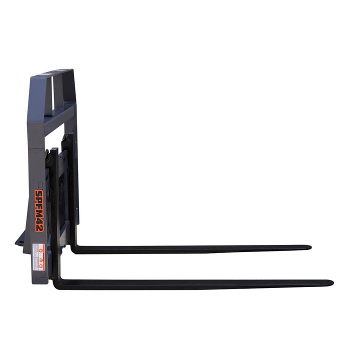 Side profile of TMG-SPFM42-TO pallet fork showing the 42-inch solid steel adjustable tines