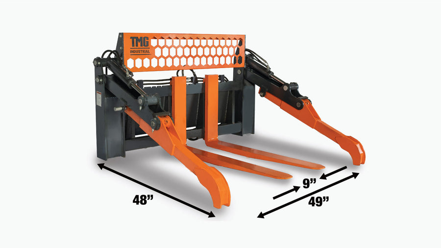 48" Two-Cylinder Pallet Fork Pipe Grapple, 6200-lb Lift Capacity, ITA Class III Forged Tines, Skid Steer Mount, TMG-SPG45